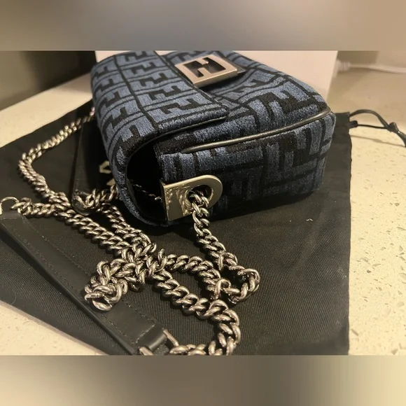 NEW Fendi Baguette Chain Midi Dark blue black FF tapestry bag silver hardware - Picture 12 of 15